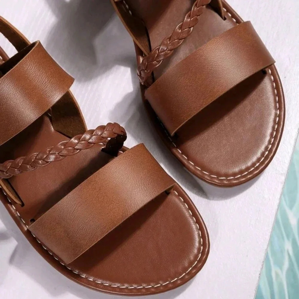 Women Braided Detail Buckle Decor Slingback Sandals, Vacation Flat Sandals - Picture 6 of 7